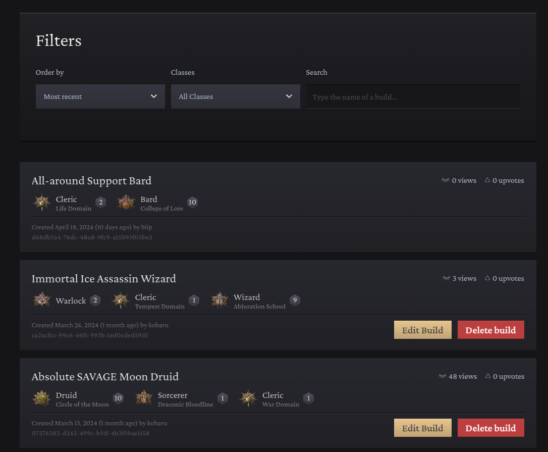 Screenshot of the list of builds